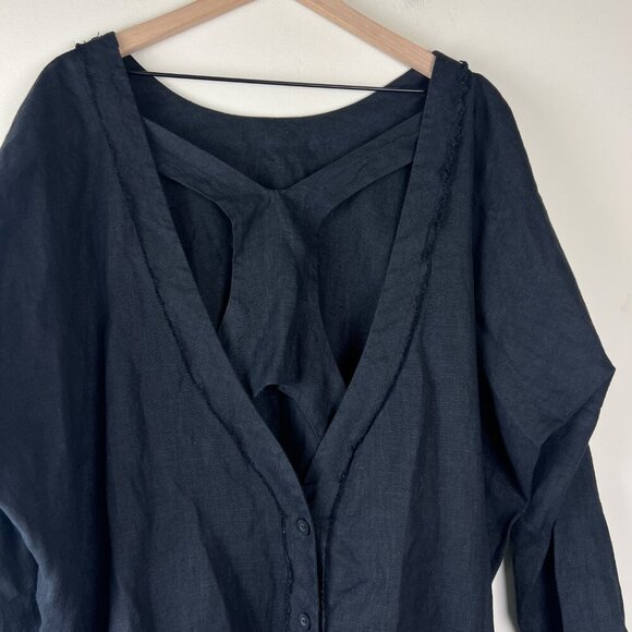 AAKASHA Black Long Sleeve Back Buttoned Linen Tunic Shirt Dress - Picture 7 of 7